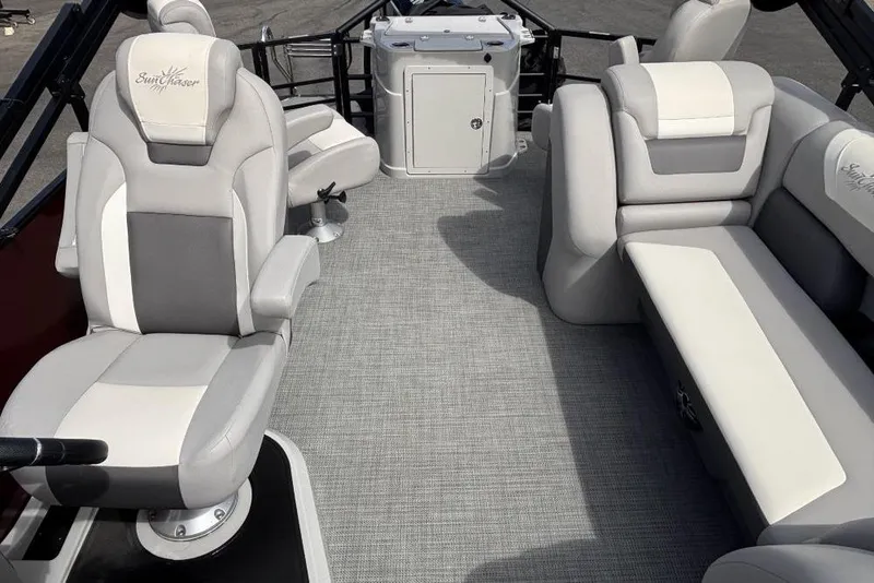 Slide: The Image of 2025 SunChaser Eclipse 23 Fish boat interior with plush seating and modern design. - 6