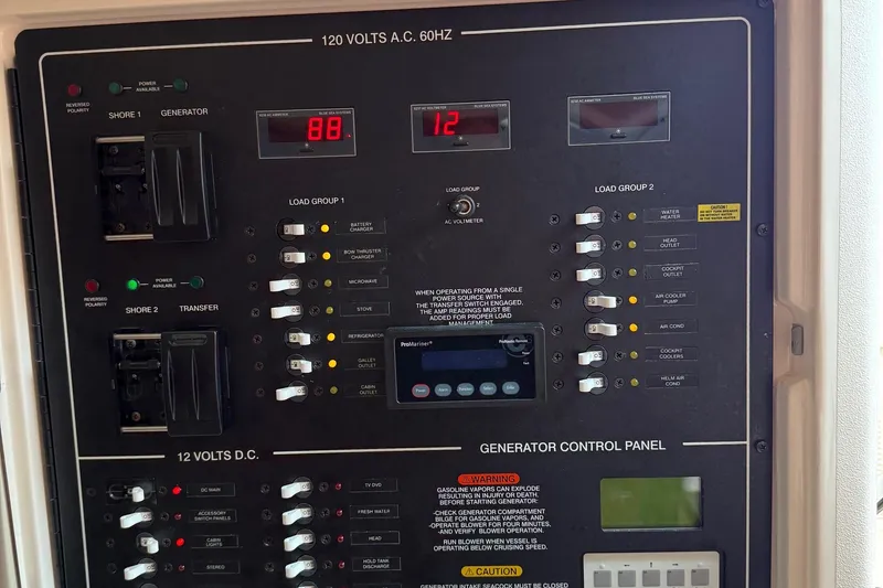 Slide: The Image of 2008 Grady-White Express 360 electrical control panel with generator controls and load indicators. - 15