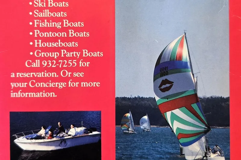 Slide: The Image of Colorful sailboats on water, featuring a 1985 Beneteau First 29, with rental information. - 26