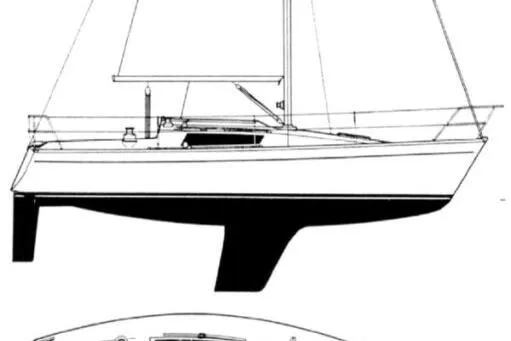 Slide: The Image of Line drawing of a 1985 Beneteau First 29 sailboat, side and top views. - 27