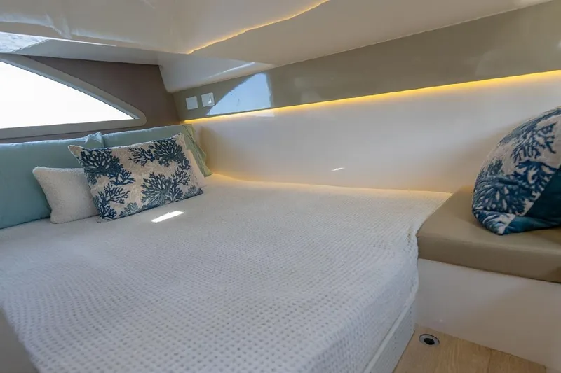 Slide: The Image of Luxurious interior cabin of 2024 Hanover 347 White & Black Edition yacht. - 12