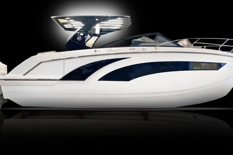 Slide: The Image of 2024 Hanover 347 White & Black Edition boat, sleek design, modern features, side view. - 14
