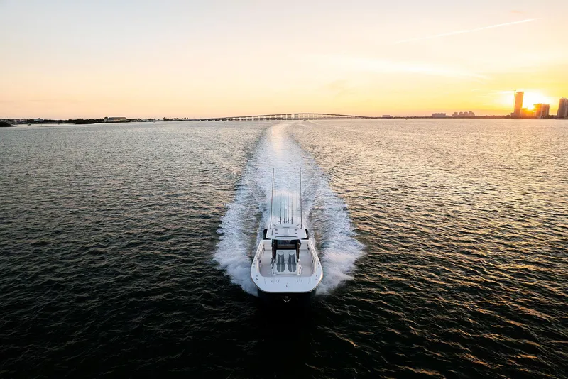 Slide: The Image of 2025 Invincible 36 Catamaran cruising at sunset on open water. - 14