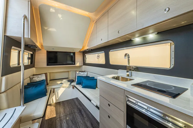 Slide: The Image of Luxurious interior of 2023 Scout 425 LXF yacht with modern amenities and elegant design. - 29