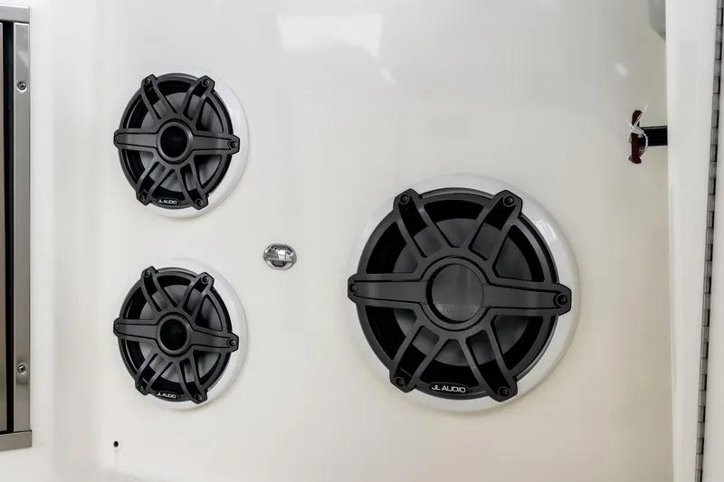 Slide: The Image of Speakers on 2022 Boston Whaler 350 Realm boat, featuring JL Audio design. - 49