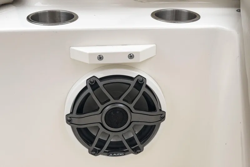 Slide: The Image of Speaker and cup holders on 2022 Boston Whaler 350 Realm boat. - 73