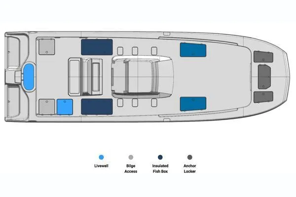 Slide: The Image of Top view layout of 2025 Invincible 38 Catamaran, featuring livewell, bilge access, and fish boxes. - 30