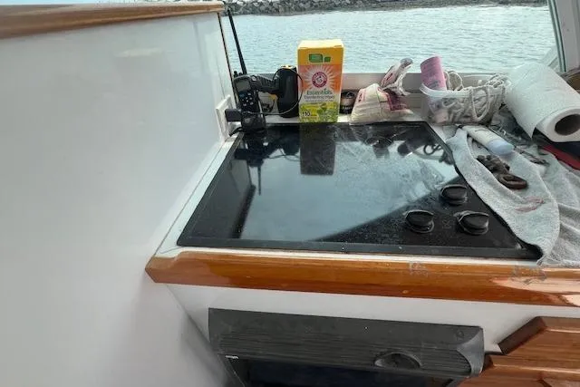 Slide: The Image of 2007 Northern Bay Hardtop Cruiser kitchen area with stove, cleaning supplies, and ocean view. - 12