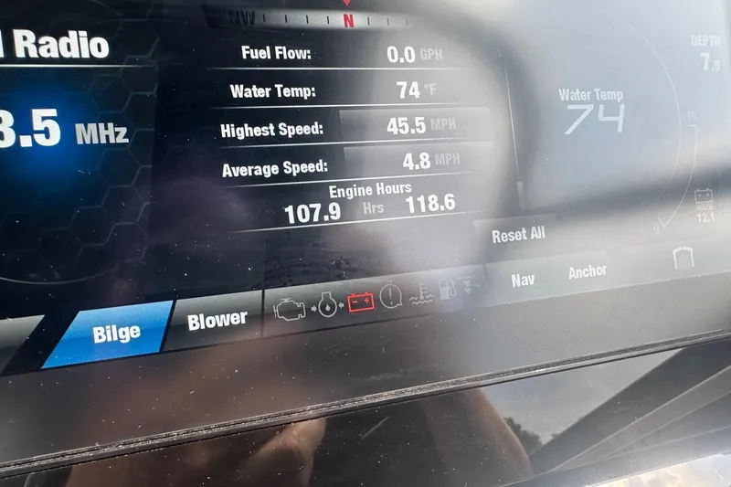 Slide: The Image of Dashboard of 2018 Yamaha 242 X showing engine stats and water temperature. - 35