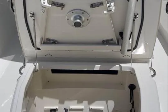 Slide: The Image of 2023 Boston Whaler 280 Vantage storage compartment with open hatch and hydraulic supports. - 13