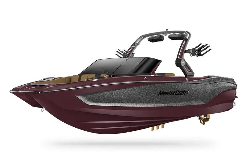 Slide: The Image of Manufacturer Provided Image: 2022 MasterCraft X26 boat, maroon and gray, side view. - 26