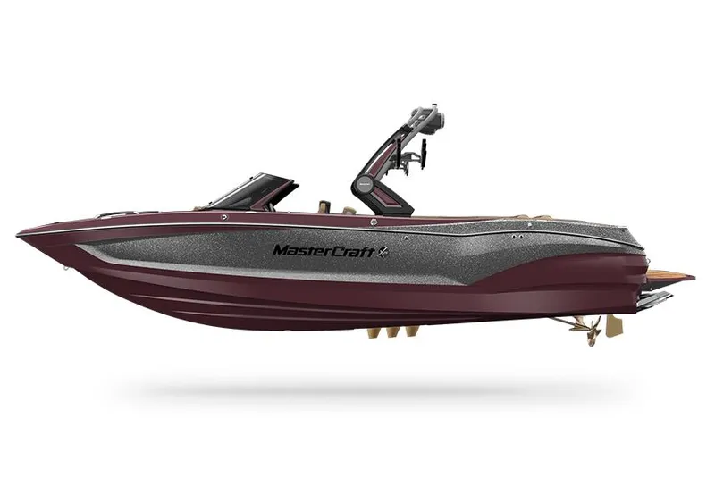 Slide: The Image of Manufacturer Provided Image: 2022 MasterCraft X26 boat, side view, maroon and gray color scheme. - 27
