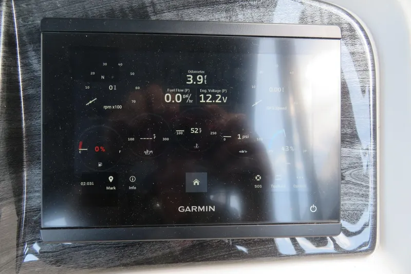 Slide: The Image of Garmin display on 2025 Avalon 2385 LSZ Versatile Rear Lounger, showing navigation and engine data. - 58