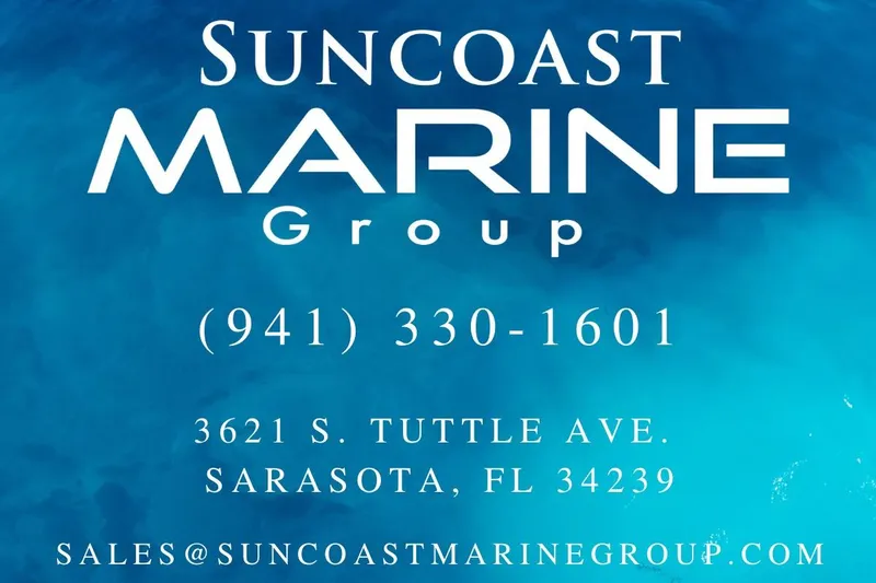 Slide: The Image of Suncoast Marine Group contact information on blue background, Sarasota, FL. - 92