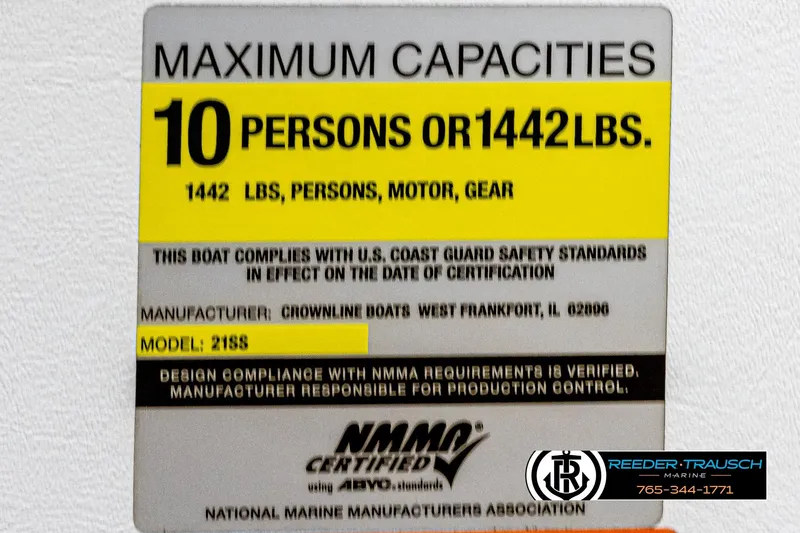 Slide: The Image of 2007 Crownline 21 SS boat capacity label, maximum 10 persons or 1442 lbs. - 57
