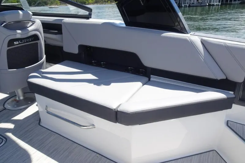 Slide: The Image of 2026 Cobalt R8 Surf boat interior with sleek seating and modern design. - 10