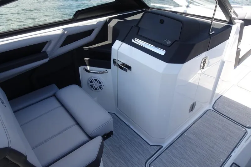 Slide: The Image of 2026 Cobalt R8 Surf boat interior with sleek seating and modern design. - 15