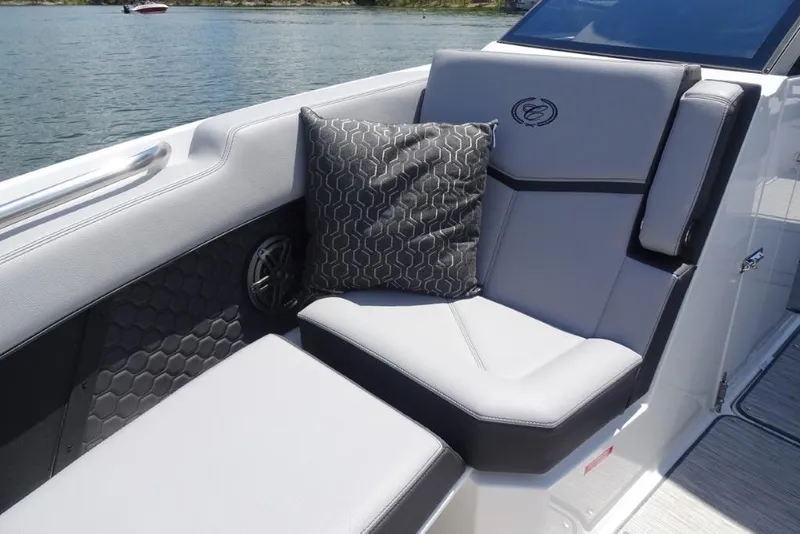 Slide: The Image of Luxurious seating on 2026 Cobalt R8 Surf boat with stylish cushion and sleek design. - 19