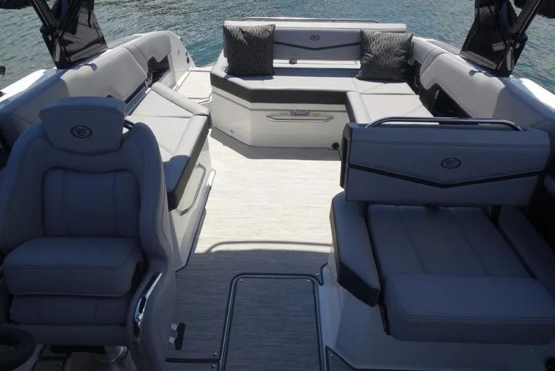 Slide: The Image of 2026 Cobalt R8 Surf boat interior with luxurious seating and modern design. - 20
