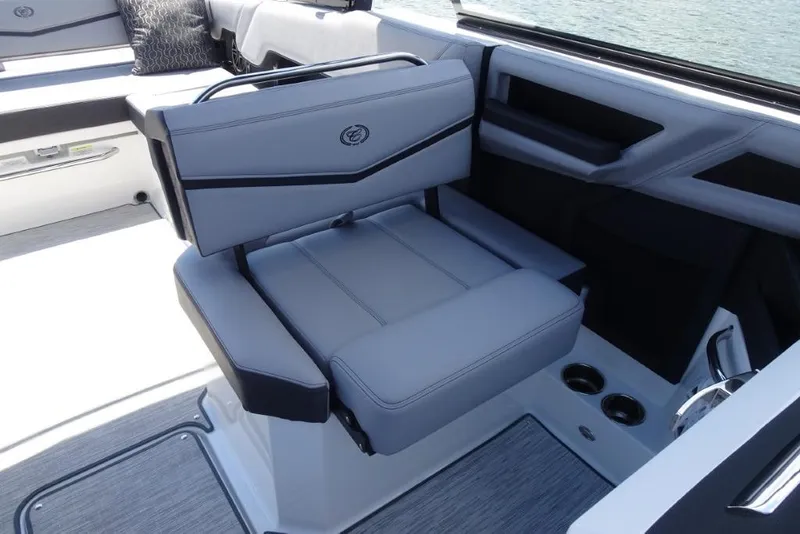 Slide: The Image of 2026 Cobalt R8 Surf boat interior with luxurious seating and modern design. - 21