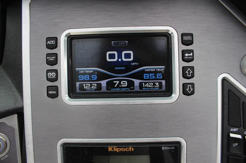 Slide: The Image of Dashboard of a 2018 MasterCraft XT22 boat showing speed, temperature, and engine data. - 12