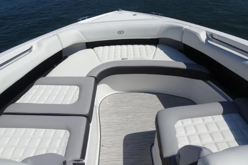 Slide: The Image of Luxurious seating on 2025 Cobalt R30 boat, featuring elegant white and gray upholstery. - 17