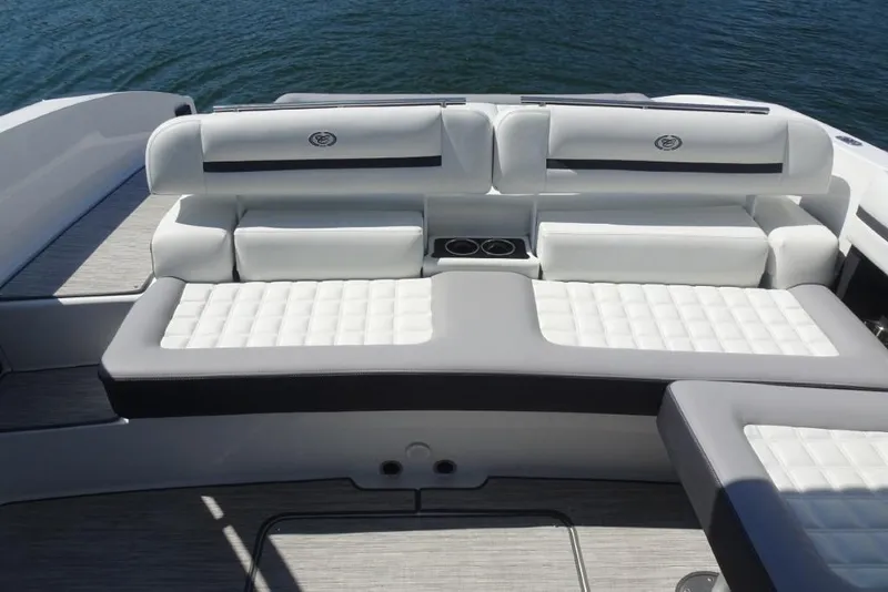 Slide: The Image of Luxurious seating on 2025 Cobalt R30 boat, featuring elegant white and gray upholstery. - 21