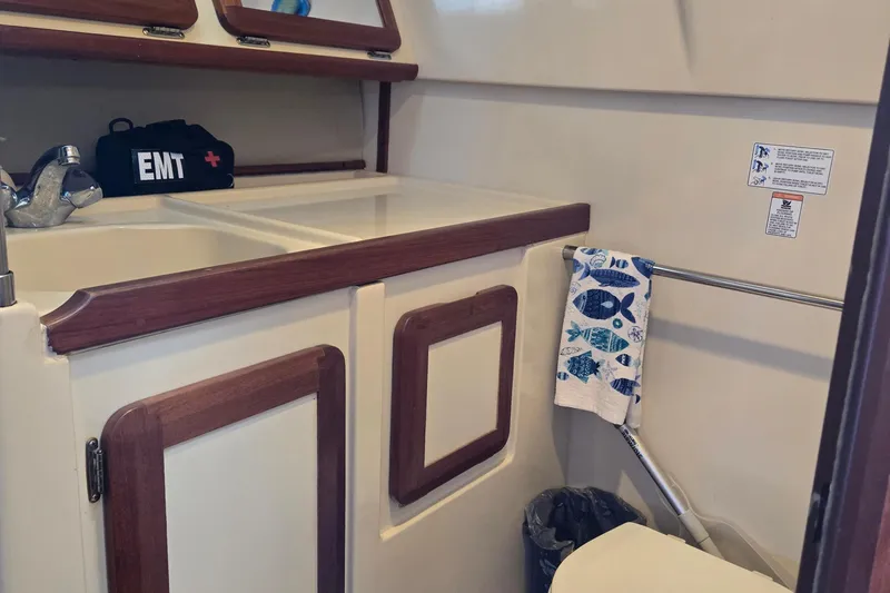 Slide: The Image of Interior of 1992 Hunter 35.5 sailboat bathroom with sink, EMT bag, and fish-patterned towel. - 16