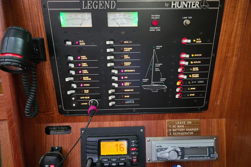 Slide: The Image of Electrical control panel of a 1992 Hunter 35.5 sailboat with various switches and gauges. - 7