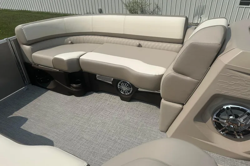Slide: The Image of Luxurious seating area on 2025 Tahoe 2585 boat with modern design and premium upholstery. - 13