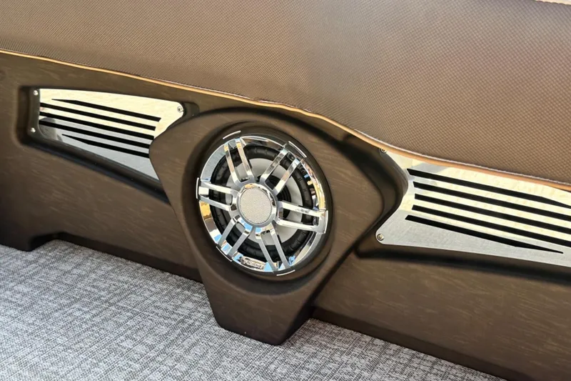 Slide: The Image of Speaker system in 2025 Tahoe 2585 boat interior, featuring sleek metallic design. - 21