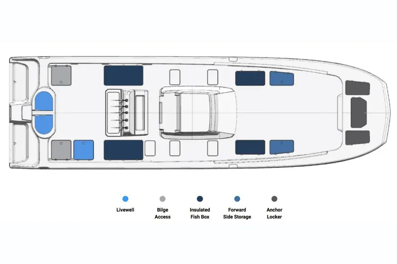Slide: The Image of Top view layout of 2026 Invincible 40 Catamaran, featuring livewell, bilge access, and storage areas. - 9