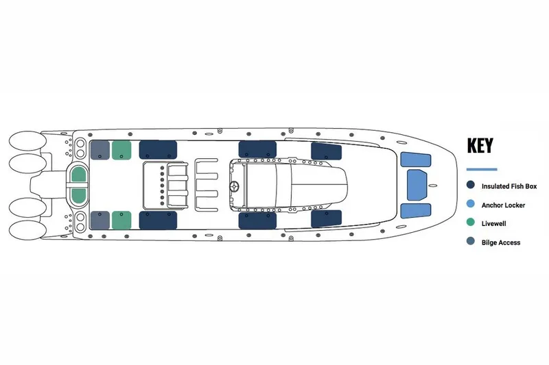 Slide: The Image of Deck layout of 2026 Invincible 46 Catamaran with labeled storage and utility areas. - 12