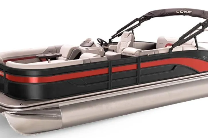 The Image of 2026 Lowe SS 210 WT pontoon boat with canopy on trailer, parked outdoors. - 0