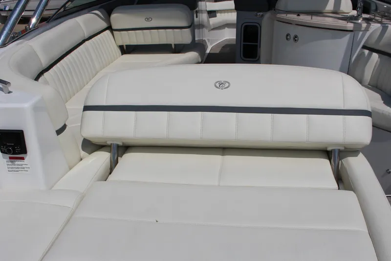 Slide: The Image of Luxurious interior seating of 2018 Cobalt R35 boat with white upholstery. - 20