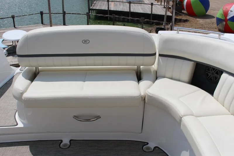 Slide: The Image of Luxurious seating on 2018 Cobalt R35 boat, featuring white leather upholstery and elegant design. - 21