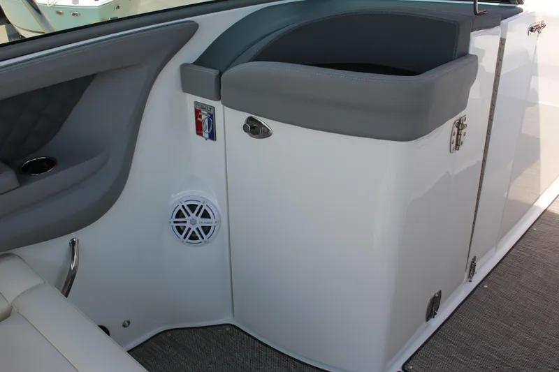 Slide: The Image of Interior of 2018 Cobalt R35 boat, featuring sleek design and integrated speaker system. - 29