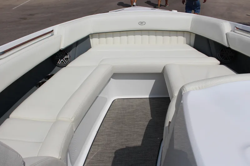Slide: The Image of Luxurious seating area on a 2018 Cobalt R35 boat with white upholstery. - 45