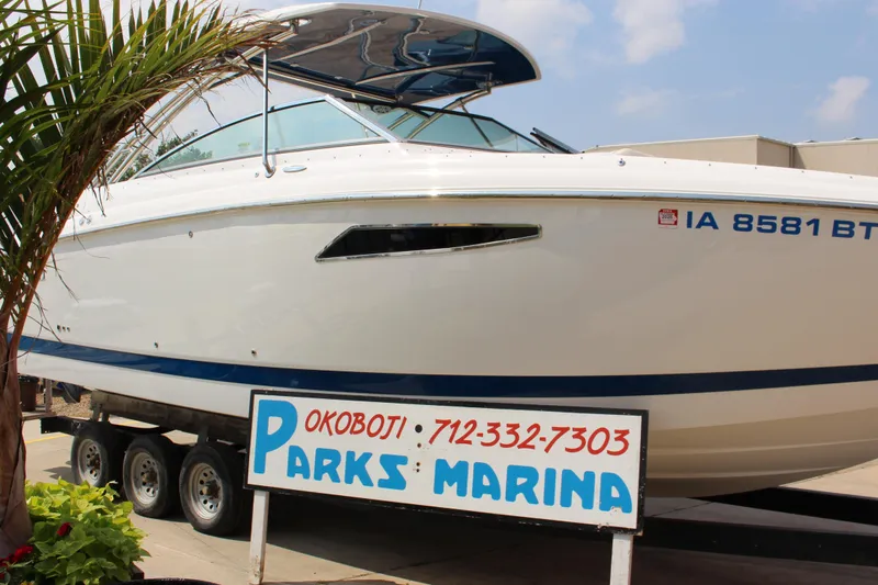 Slide: The Image of 2018 Cobalt R35 boat at Parks Marina, Okoboji, on a trailer. - 59