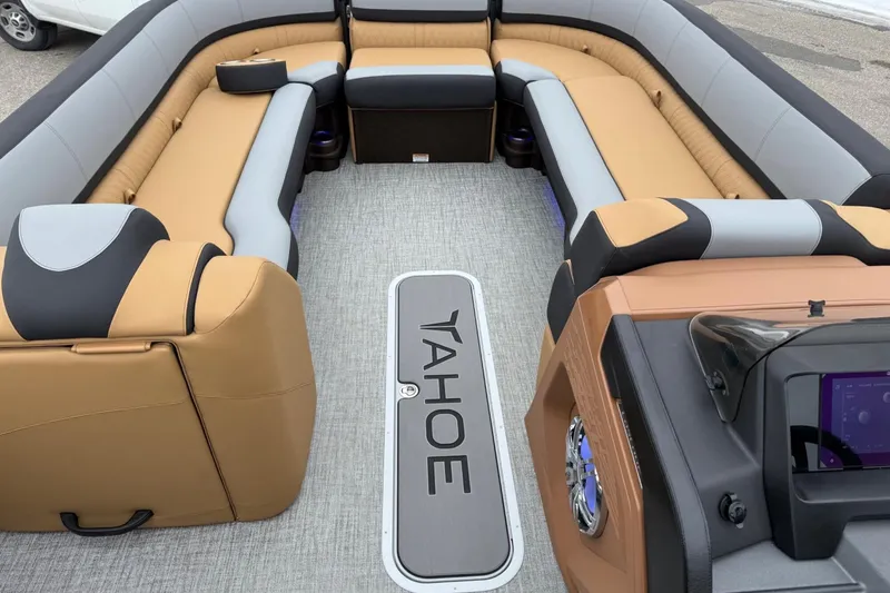 Slide: The Image of Luxurious interior of 2025 Tahoe 2785 boat with tan and gray seating. - 11