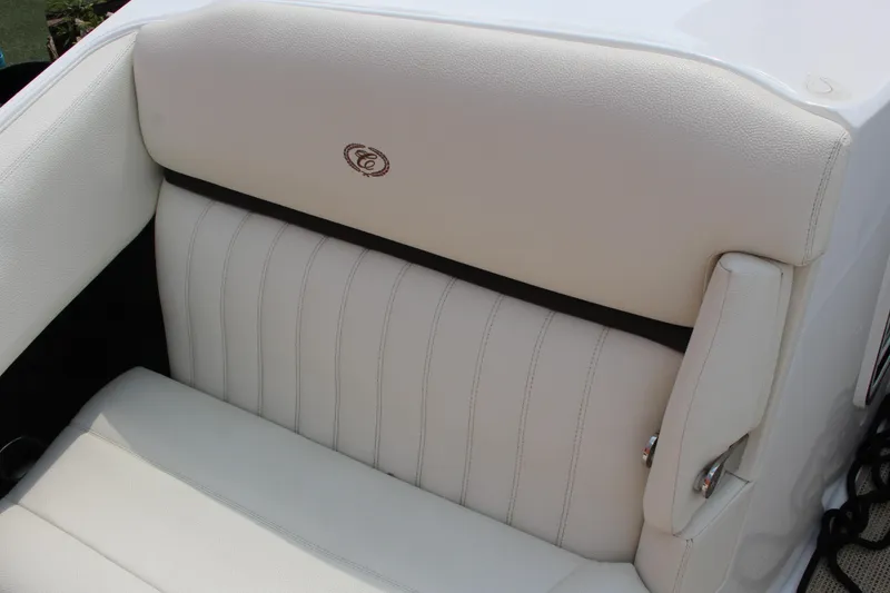 Slide: The Image of Luxurious white leather seating in 2017 Cobalt R35 boat interior. - 23
