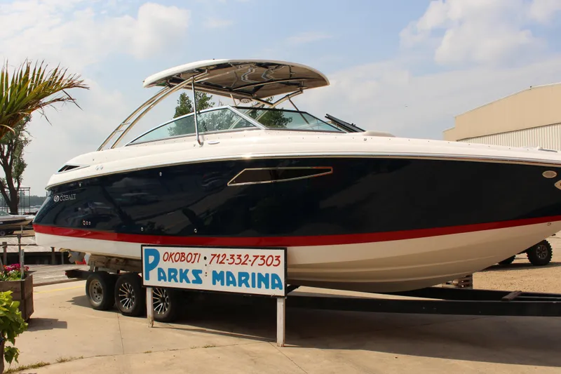 Slide: The Image of 2017 Cobalt R35 boat at Parks Marina, displayed on a trailer. - 34