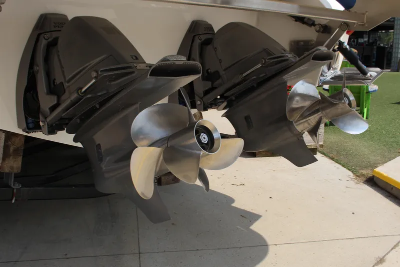 Slide: The Image of Dual propellers on a 2017 Cobalt R35 boat, showcasing advanced marine engineering. - 42