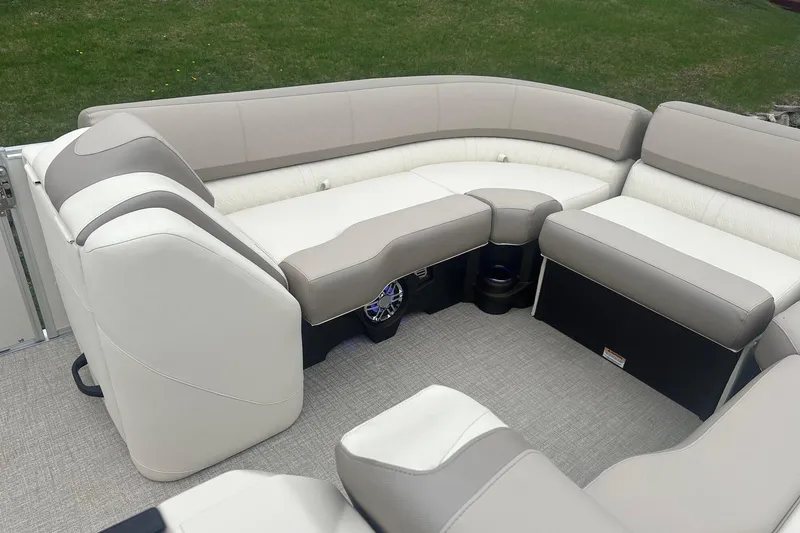 Slide: The Image of Luxurious seating on 2025 Tahoe 2585 pontoon boat with plush upholstery and modern design. - 23