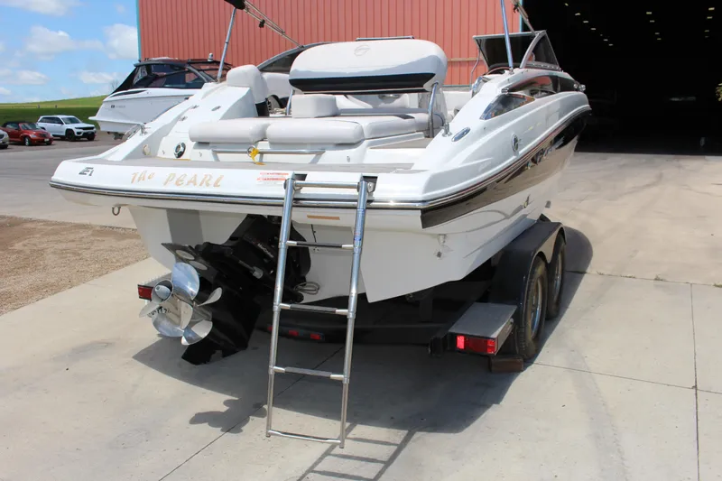 Slide: The Image of 2013 Crownline E1 boat on trailer, rear view with ladder and propeller. - 3