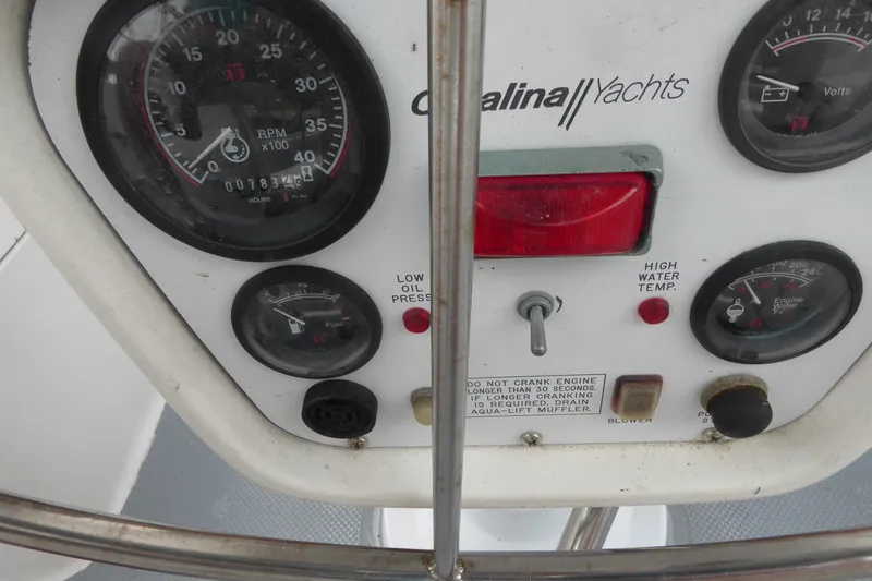 Slide: The Image of Control panel of a 1998 Catalina 36 MkII yacht with gauges and warning indicators. - 39