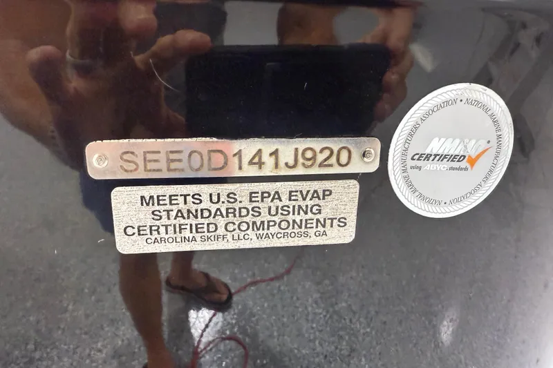 Slide: The Image of 2020 Sea Chaser 23 LX certification labels, including EPA and NMMA compliance. - 35