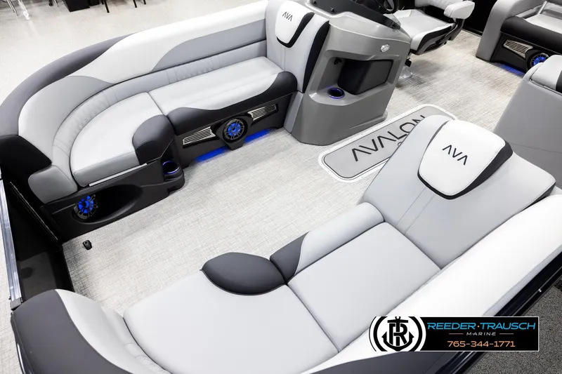 Slide: The Image of Luxurious interior of 2026 Avalon LSZ VRB pontoon boat with modern seating and sleek design. - 10
