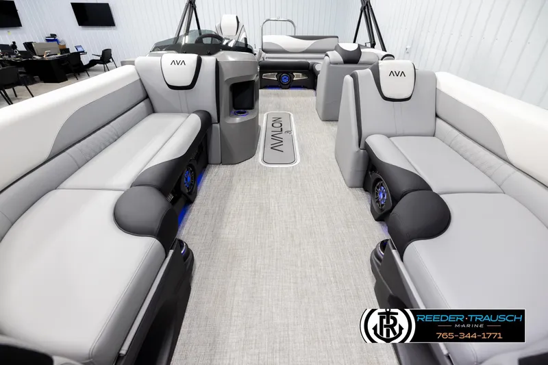 Slide: The Image of Luxurious interior of 2026 Avalon LSZ VRB pontoon boat with plush seating and modern design. - 13