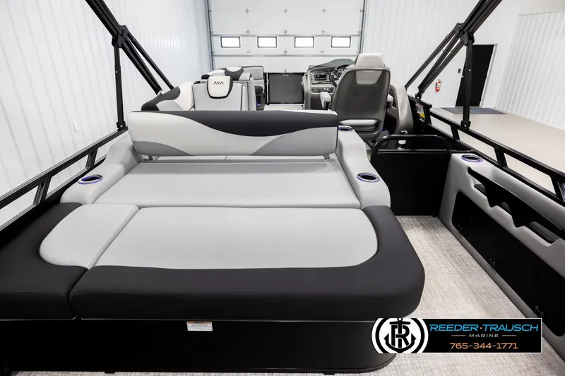 Slide: The Image of 2026 Avalon LSZ VRB boat interior with luxurious seating and modern design. - 16